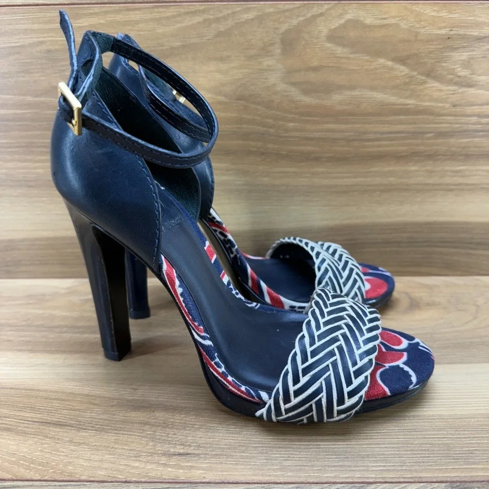 Tory Burch Carlissa Braided Heels‎ Womens 6.5 M Navy Blue Red White Ankle Strap